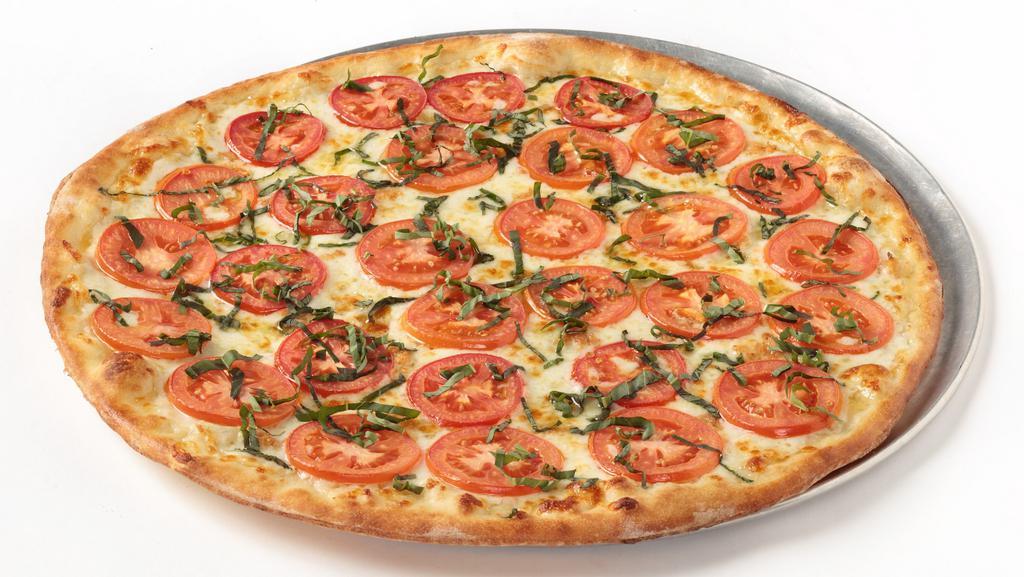 Margherita Classico Pizza · Homemade thin crust dough brushed with a garlic olive oil sauce, topped with fresh basil, Roma tomatoes and garlic.