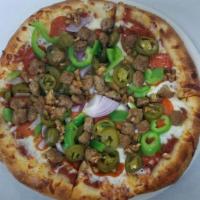 The Sports Fan Gluten Free Pizza · Homemade pizza sauce, pepperoni, Italian sausage, red onions, green bell peppers, roasted ga...