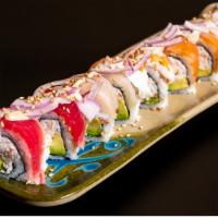 Super Rainbow Roll · 8 pieces. California roll with salmon, tuna, albacore and cream sauce on top.
