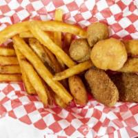 Wild Sampler · Poppers, cheese sticks, mac and cheese, wedges, mushrooms, fries, fried pickles, zuccini and...