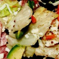 Antipasto Salad · Onions, olives, tomatoes, mozzarella, provolone, and salami tossed in Italian dressing. Sing...