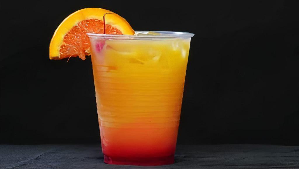 Tequila Sunrise · Tequila, Orange Juice, Lime Juice, Splash of cranberry, Grenadine.