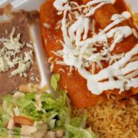 Enchiladas · 3 Enchiladas (red or green sauce) served with spanish rice, refried beans and salad