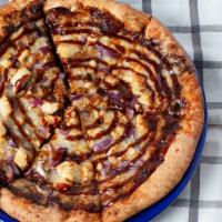 Bbq Chicken Pizza · BBQ sauce, grilled chicken, red onions, topped with mozzarella cheese.