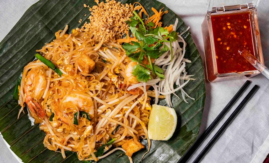 Pad Thai Noodle · Pan-fried rice noodles with your choice of meat, egg, ground peanuts, bean sprouts, and green onions.
