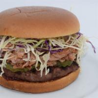 Pulled Pork Burger · Pork rubbed with a blend of spices, slow-cooked and smoked with natural hickory, mixed with ...