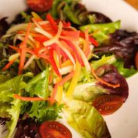 Mixed Green Salad · Vegan, gluten free, vegetarian. Fresh baby greens, cherry tomatoes, celery, and bell peppers...