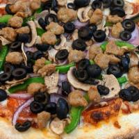 The Works (Combo) · Mozzarella and Monterrey jack cheese blend, pepperoni, mushrooms, bell pepper, honey baked h...