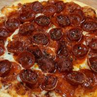 The Super Roni (Large) - 2 Styles Of Pepperoni · Topped with pepperoni, cup-and-char pepperoni, and a three cheese blend of Parmesan, Monterr...
