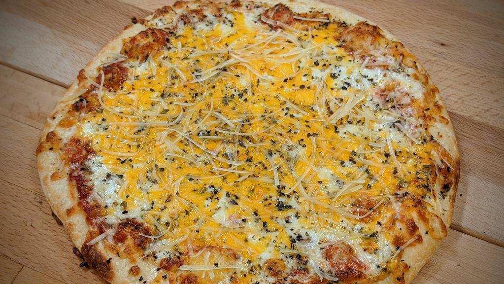 The Bianca (Medium) - 4 Cheese Pizza · Generous amount of aged Mozzarella, Monterrey jack, freshly grated Parmesan and mild cheddar cheeses.