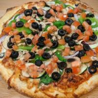 The Evergreen (Large) - Vegetarian · Zucchini, red sweet onions, black olives, green pepper, spinach, topped with fresh diced tom...