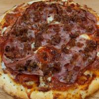 The Brute (All Meat) · Canadian bacon, pepperoni, smoked ham, salami, Italian sausage, bacon and fresh garlic.