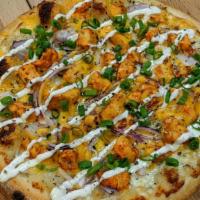 The Buff Chick (Buffalo Chicken) · Creamy white sauce base, topped with with 100% Mozzarella, Monterrey jack, and cheddar chees...
