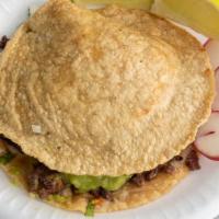 Mulita · Mexican Corn Cheesy Tostada with Choice of Meat, Cilantro, Onion, Guacamole, and Spicy Salsa...
