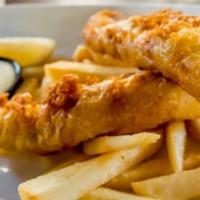 Fish & Chips · Strips, served w/fries & your choice of sauce.