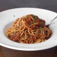 Spaghetti Bolognese · Pasta with homemade meat sauce.