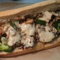 Spicy Garlic Chicken · Served on an authentic roll. A half pound of thin sliced chicken with fresh jalapeño, white ...