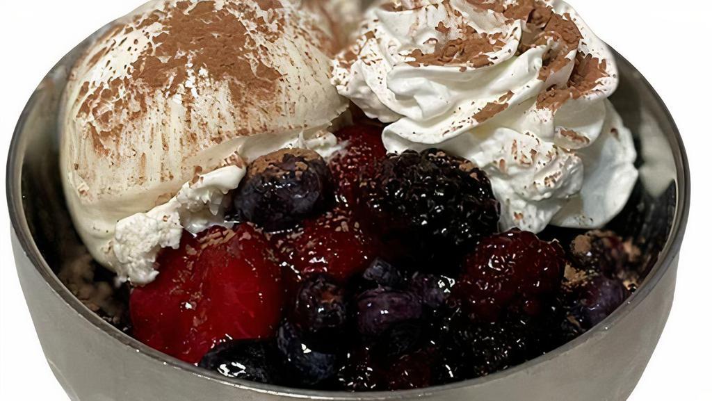 Berries & Cream · Mixed berries. Strawberry, Blueberry, Blackberry, Raspberry, Vanila ice cream, whipped cream, cocoa powder