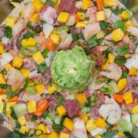 Medium Ceviche Bowl. · Choose three (3) proteins, one flavor, and select garnishments.