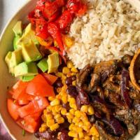 Vegan Burrito Bowl · Black beans, rice, mixed greens, grilled fajita veggies, fresh guacamole, pico de gallo sals...