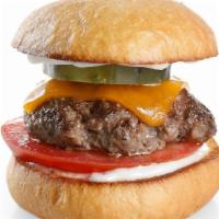 Cheeseburger Slider · chuck angus prime burger, cheddar cheese, mayonnaise, homemade pickle & tomato on a brioche ...
