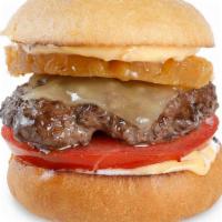 Maui Slider · chuck angus prime burger, marinated pineapple, Swiss cheese, teriyaki mayo & tomato on a bri...