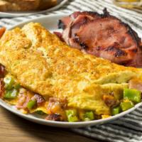 Denver Omelette · Fluffy, buttery omelette with ham, peppers and cheese. Served with hash browns, toast and je...