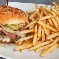 Pastrami Burger · A 1/4lb beef burger topped with pastrami. Served on a bun topped with lettuce, tomato, pickl...