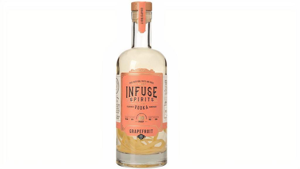 Infuse Spirits Grapefruit Vodka 750Ml · This silver-medal winning infusion hit the scene in March, 2019. Launching as the company's third vodka to have ZERO grams of sugar, and just 64-calories per ounce, its a natural choice for those seeking citrus and flavor.

Infuse's Grapefruit vodka has a pink/yellow hue and bright floral-grapefruit peel aromas. The spirit feels astringent and sour on the tongue, opening up into an orchard of fresh flavors. Well-chilled, this makes the world's best greyhound.

80 Proof Vodka