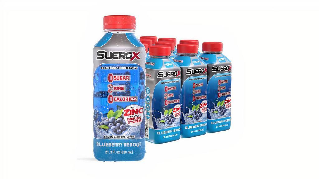 Suerox Blueberry Reboot · SueroX is an everyday sugarless hydration solution, offering a great taste without any of the guilt. SueroX is intended to keep you hydrated throughout your day, no matter your lifestyle! … happy hour, soccer games, conference calls, or hanging out in the backyard with family and friends, SueroX also contains high levels of zinc, which aids in supporting the immune system