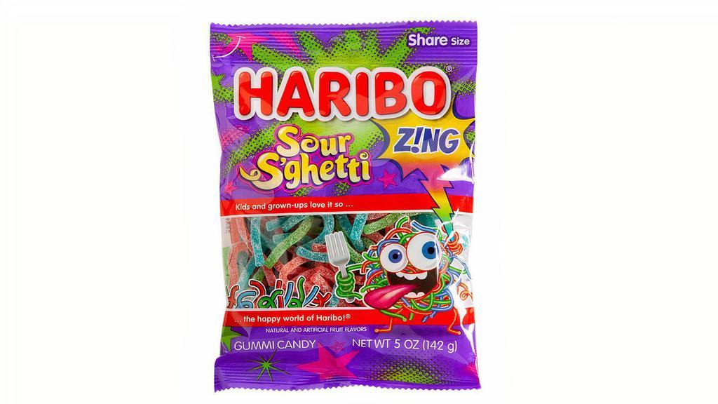 Haribo Sour S'Ghetti Gummi  · Case of twelve, 5-ounce bags (total 60 ounces)
Made with corn syrup, sugar, starch, sorbitol, wheat flour, citric acid, malic acid, carnauba wax, natural and artificial flavors, artificial colors
Fat-free
Sour multi-colored strands of apple, strawberry, blueberry
An international favorite