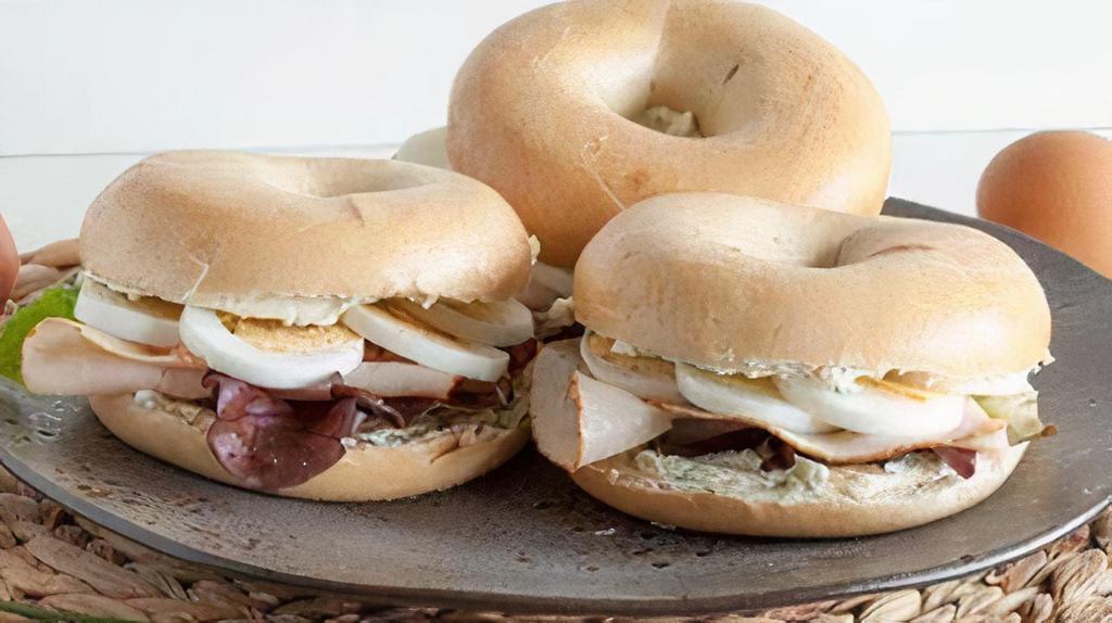 Turkey, Egg, And Cheese Bagel · Turkey, two scrambled eggs and cheese on a bagel.