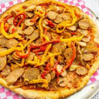 It’S A Pisa · Italian sausage, sweet sautéed onions, red pepper, roasted garlic.Substitute with Vegan Chee...