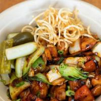 Spicy Chicken · Sauteed Gochujang-based marinated chicken with bok choy, , diced bell peppers, onions, and c...