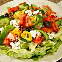 Greek Salad · Mixed Greens, Feta Cheese, Kalamata Olives, Tomatoes, Cucumber, & Pepperoncini Served with S...