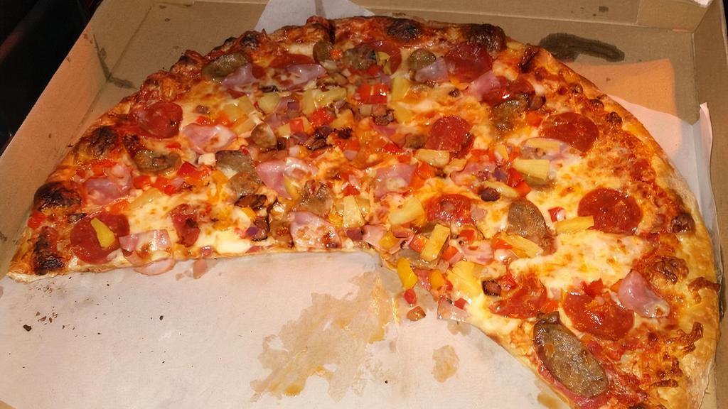 Brooklyn · Pizza sauce Canadian bacon, pepperoni, sausage, pineapple, bell peppers, red onions, mozzarella cheese, and seasoning.