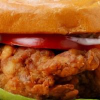 Fried Bbq Chicken Sandwich · Buttermilk fried and served on a brioche bun with swiss cheese, avocado, tortilla strips, ca...