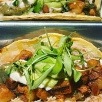 Gluten Free Potato Tacos (V/Df) · with vegan chorizo, guacamole, salsa verde and cashew 'sour cream'