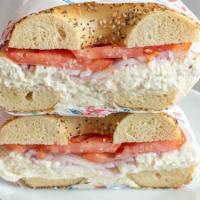 Whitefish Salad Bagelwich · Served on a toasted plain bagel with lettuce, tomato and red onion.