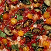 Puttanesca Pizza · Tomato sauce, sungold tomato, oregano, capers, garlic, calabrian chillies & anchovies. (Can ...