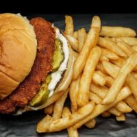Nashville Chicken Sandwich · Nashville spicy chicken sandwich w/pickles and house fries.