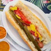 Chicago Dog · Hotdog topped with dusseldorf mustard, relish, diced onions, sliced tomatoes, dill pickle sp...