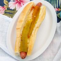 Ortega Dog · Hotdog topped with mayonnaise, mustard, mild chilies, and pepper jack cheese - toasted in ou...