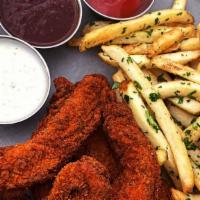 Hot Chicken Tenders · Six crispy Chicken Tenders served with fries, House BBQ Sauce, House Ranch and Ketchup