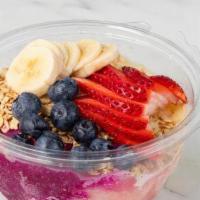 Acai Bowl (With Honey Almond Granola) · Organic Acai sorbet topped with granola (temporary honey almond granola), fresh blueberry, f...