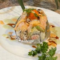 Baked Salmon · Crabmeat, avocado (salmon on top) baked with special sauce, served with unagi sauce, masago ...