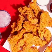 The Katie · 12 crispy fried chicken tenders Dipped in Sauce with a choice of 2 sides and 2 drinks!