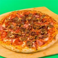 Meat Lovers Pizza · Hand-stretched dough with marinara, mozzarella cheese, pepperoni, ham, bacon and sausage.