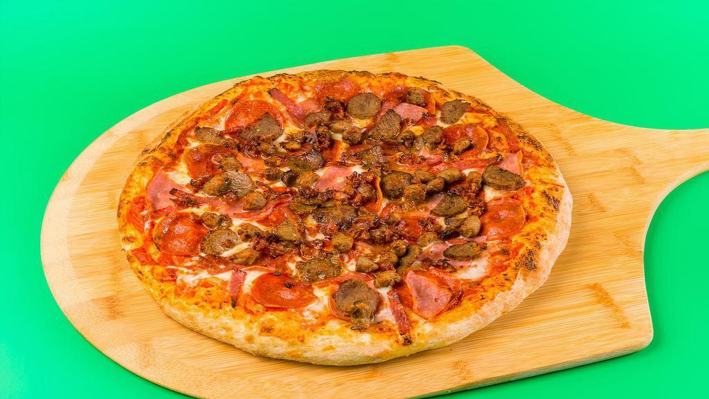 Meat Lovers Pizza · Hand-stretched dough with marinara, mozzarella cheese, pepperoni, ham, bacon and sausage.