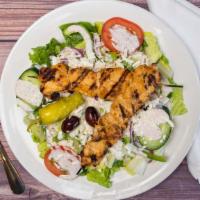 The Kabob Salad · Your choice of marinated beef sirloin or chicken skewered and charbroiled.